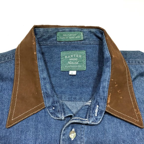 VTG Baxter Brand Workshop Denim Leather Collar Button Cotton Work Shirt Mens L - Picture 5 of 7